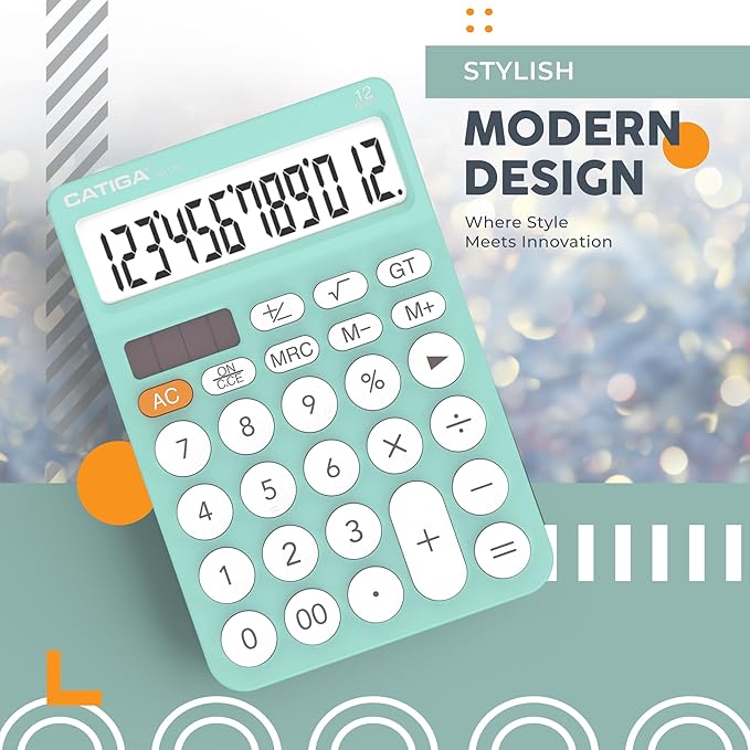 CATIGA 12 Digit Desktop Calculator Basic Desk Calculator with Large LCD Display, Big Buttons, 4 Function, Solar and Battery Dual Power, for Office, School, Home, SD-1292 Fresh Blue