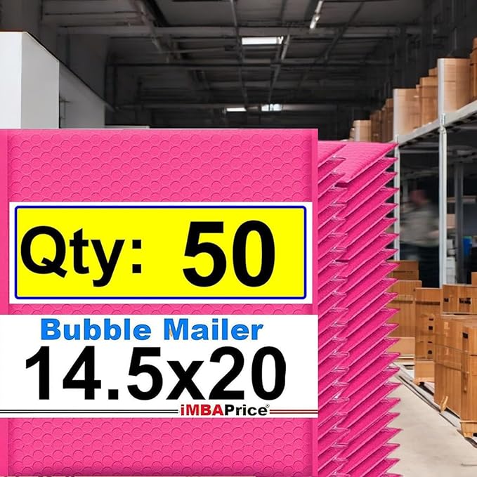iMBAPrice 14.25x20 Inch Hot Pink Poly Bubble Mailers #7, 50-Pack – Jumbo Self-Seal Padded Envelopes for Large Fragile Items, Waterproof Shipping Bags E-Commerce Packaging