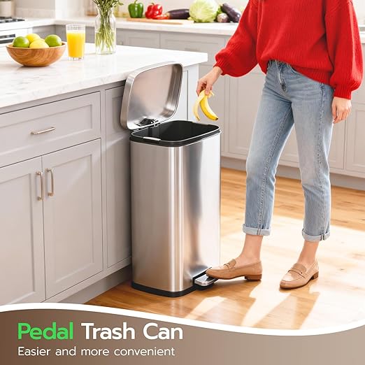 PayLessHere 8 Gallon (30L) Stainless Steel Trash Can with Lid - Removable Inner Bucket, Foot Pedal, Soft Close for Office, Home, Kitchen