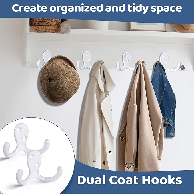 CBWLWJ 10 Pack Coat Hooks Wall Hooks for Hanging, Heavy Duty Double Prong Metal Hook Wall Mounted for Living Room, Bathroom, Kitchen, Bedroom for Coat, Bag, Scarf, Towel, Hat, Key, Cup (White)