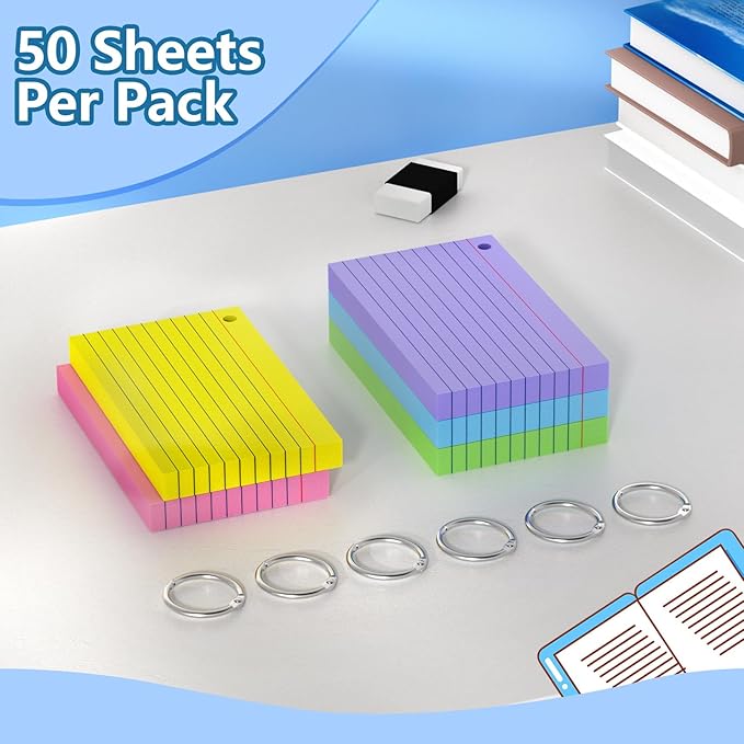 Ciphyfee Index Cards 3x5 Inch With Ring, 250 Count, Ruled Colored Index Card, 180GSM Flash Cards College Ruled for Students, Teachers, Study Note Card for Office, Home, School, Office