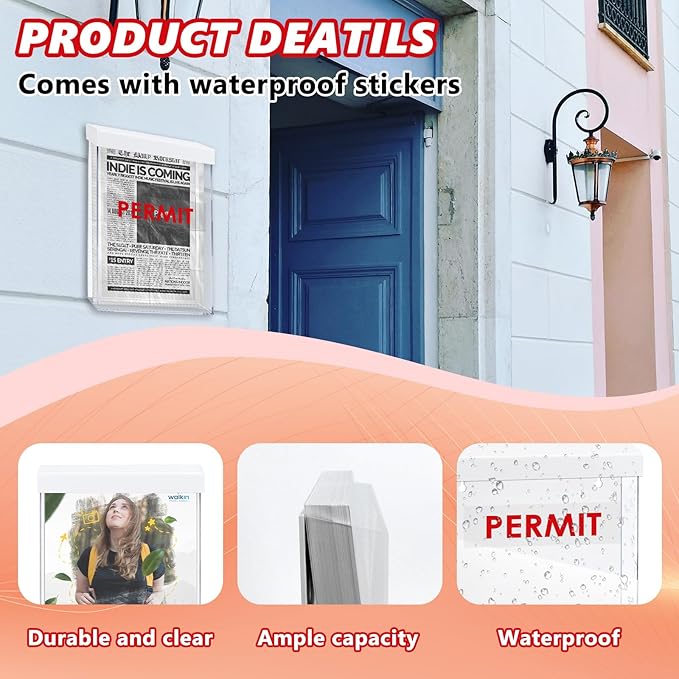 9.1" x 11.6" Outdoor Permit Brochure Holder Waterproof Wall Mount Literature Box with Lid Screws Clear Acrylic Document Holder Fits Letter Size A4 Flyers Booklets Pamphlets Includes "PERMIT" Decal