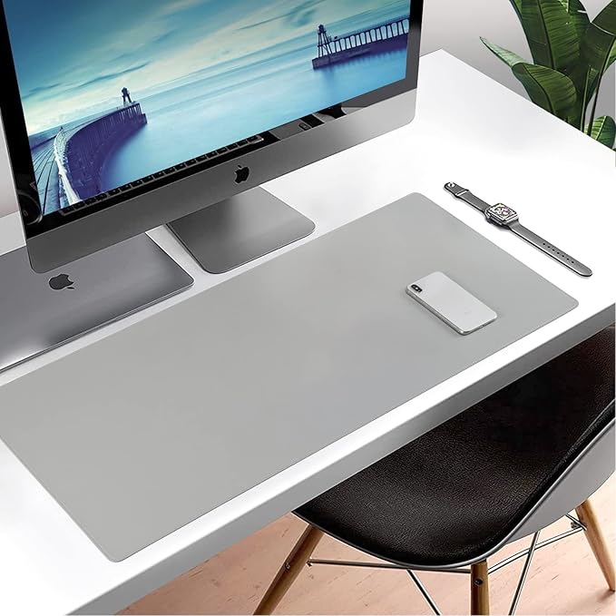Wolaile PU Leather Desk Pad Blotter,Light Grey Waterproof Office Desktop Mat,36x17in Non-Slip Large Mouse Pad/Writing Protector/Desk Accessories
