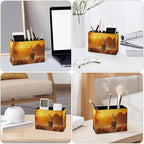 Famame Fall Deer Sunset Pencil Holder for Desk, Leather Desktop Container Pen Cup Storage Study Table Pen Organizer Makeup Brush Holder for Classroom Office Home