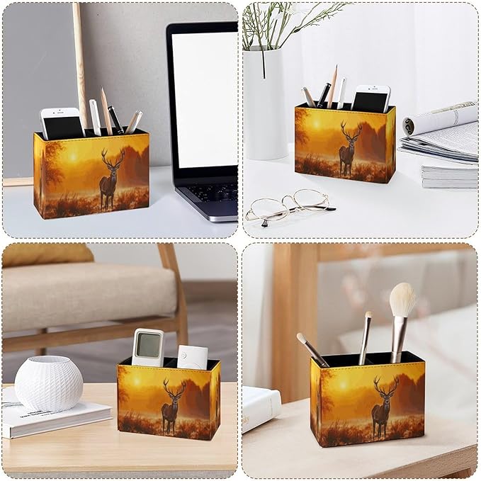 Famame Fall Deer Sunset Pencil Holder for Desk, Leather Desktop Container Pen Cup Storage Study Table Pen Organizer Makeup Brush Holder for Classroom Office Home