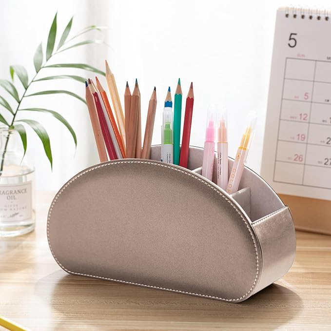Remote Control Holders Organizer Box with 5 Compartment PU Leather Multi-functional Office Desk Storage Caddy Store Tv Remote for Media Player,Brush,Pencil,Glassees&Office Supplies (Champagne silver)