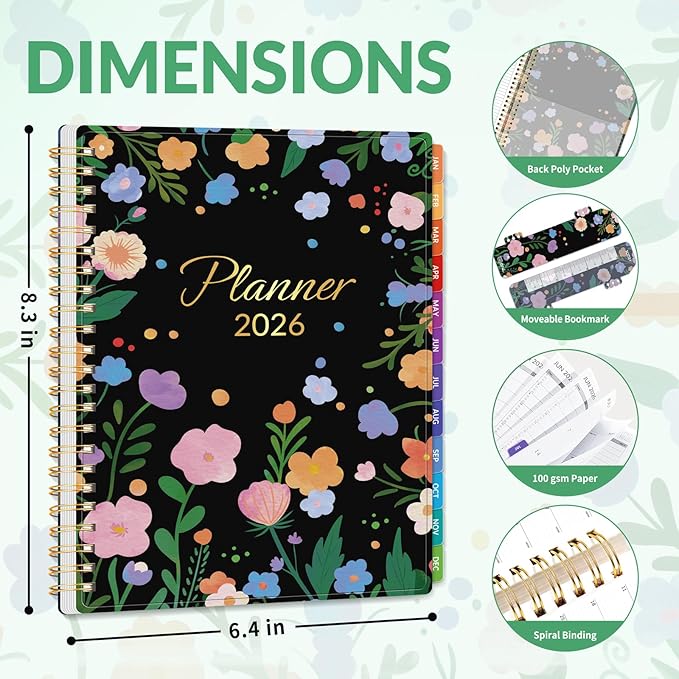 GNL 2026 Planner, Weekly and Monthly Planner January - December 2026, 6.4" x 8.3" Monthly Agenda Planner with Waterproof Flexible Cover, Spiral Binding Notebook with Tab, Pockets, Bookmark, Flower