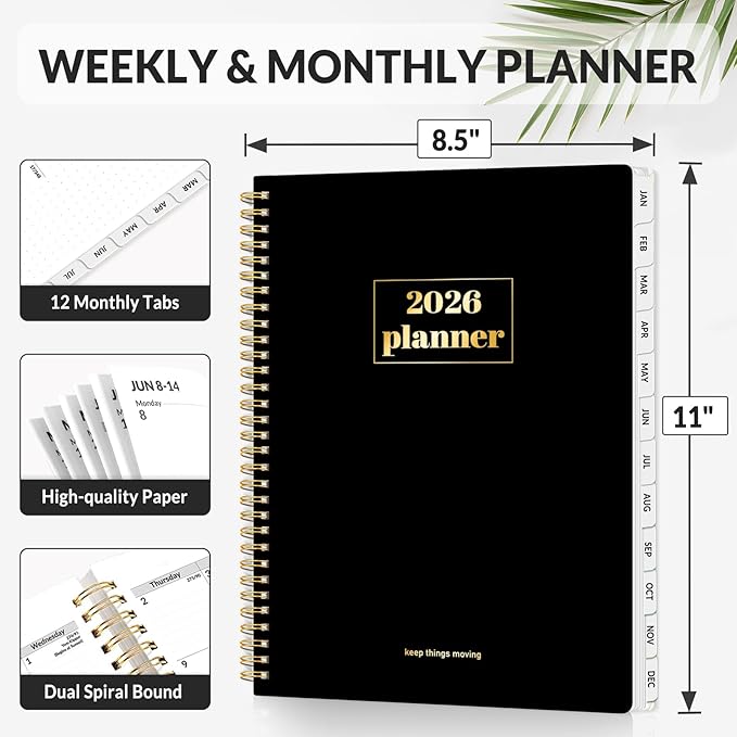 SUNEE 2026 Planner, Weekly and Monthly Calendar Planner, January 2026-December 2026, Daily Agenda with Tabs, Note Pages, Spiral Binding, 8.5"x11", Black