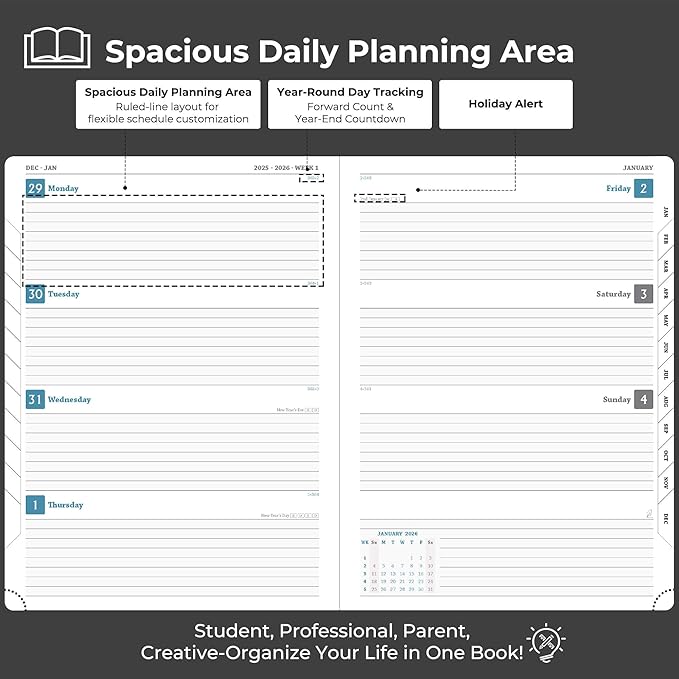 IN-LUXPRO Planner 2026 Daily Weekly and Monthly,11.5"x8.5",12 Months Spiral Bound Calendar Agenda with Self-adhesive Pen Holder,2026 Appointment Book with Vegan Leather Soft Cover,Black