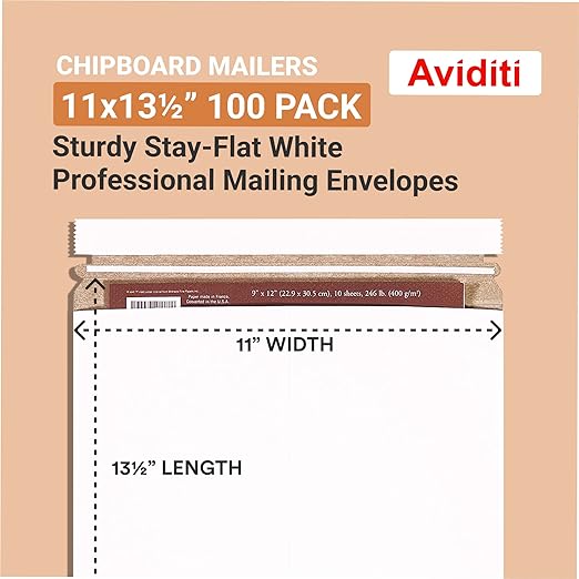Box USA Flat Mailer 11"L x 13.5"W 100-Pack White,Stayflat Mailer Envelope Durable Lightweight Rigid Mailers for Documents, Photos, Artwork, Shipping & Document Storage11x13.5