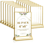 Smarpau 16 Pack 4x6 Acrylic Sign Holder with Gold Frame Table Number Holders Clear Picture Frames Flyer Stands Tables Menu Holder for Restaurant