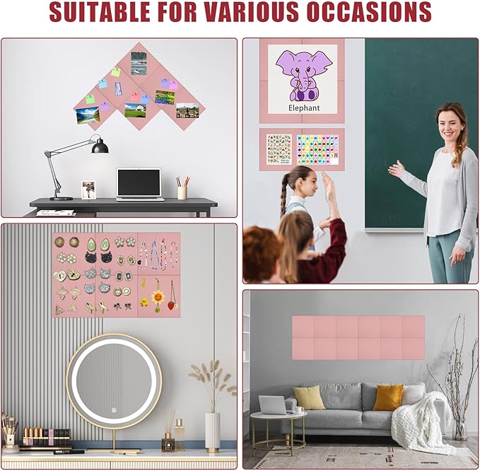 Large Cork Board Alternative 48" X 36" Bulletin Board - 12 Pack Removable Felt Wall Tiles with 30 pushpins, Large Cork Boards for Walls Cork Board for Office Pin Board Tack Board - Pink