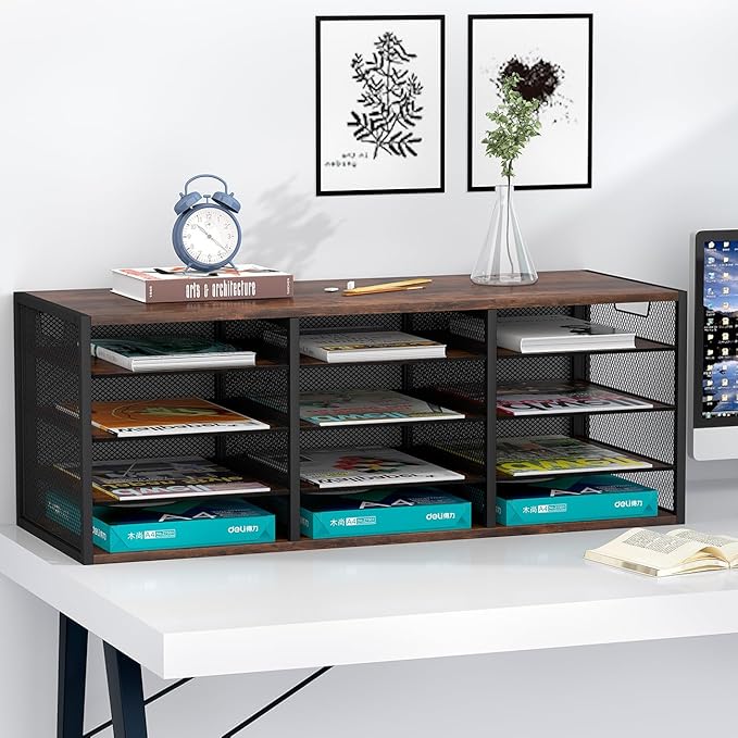 PAG-Mass Mail Sorter Adjustable Holder, Countertop Literature Organizer, Student Mailbox for Classroom, Desktop Bill Paper Organizer for Office Home School, 12 Compartments, Brown