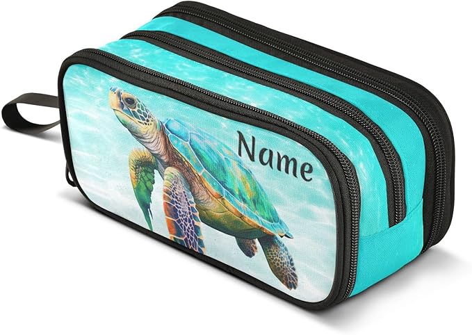 BOENLE Custom Sea Turtle Teal Pencil Case Box Boys Girls Personalized Name Large Pencil Pouch Stationery Pen Bag Organizer for Kids Adults School Office