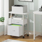 GYIIYUO 2 Drawer File Cabinet with 24'' Extended Desktop, Mobile Filing Cabinet, Rolling File Cabinet with Side Bag, Fabric Drawer, Fits A4/Letter Size, Printer Stand Home Office, White