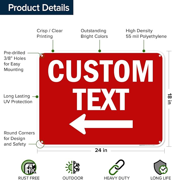 Custom Arrow,Custom Directional Sign, Left Arrow,18x24 Inches, 55 mil thick HDPE (high density polyethylene) Made in USA by My Sign Center