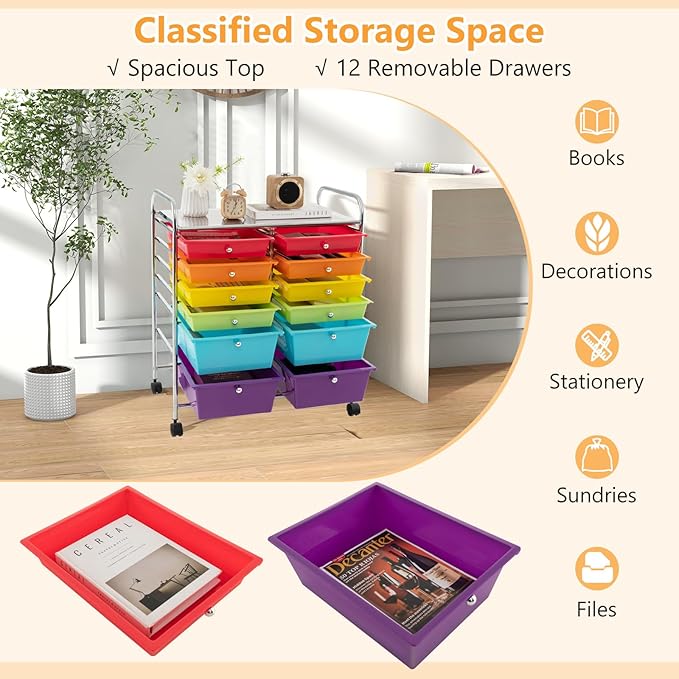 HAPPYGRILL 12-Drawer Rolling Storage Cart, Multipurpose Organizer Cart for Home Office School, Utility Cart with Wheels, (Colorful)