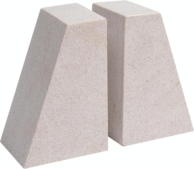 Faticdorr Marble Bookends for Shelves, 11LB Heavy Duty Marble Book Ends for Heavy Books, Stone Bookends Decorative, Polished, Beige Triangular, Set of 2