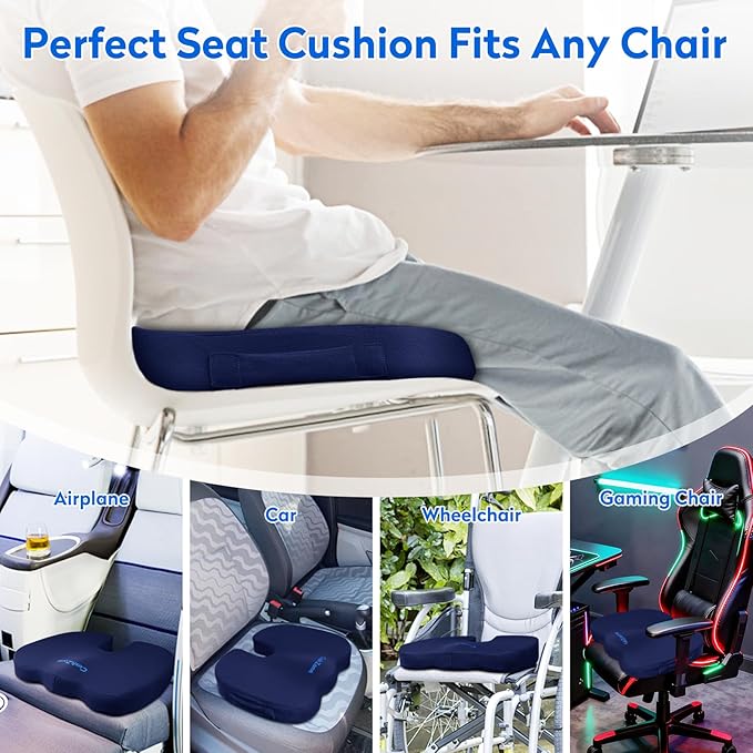 CushZone Office Chair Cushions, Memory Foam Coccyx Cushion for Tailbone Pain Office Chair Car Seat, Sciatica, Coccyx, Lower Back Pain Relief (Blue)