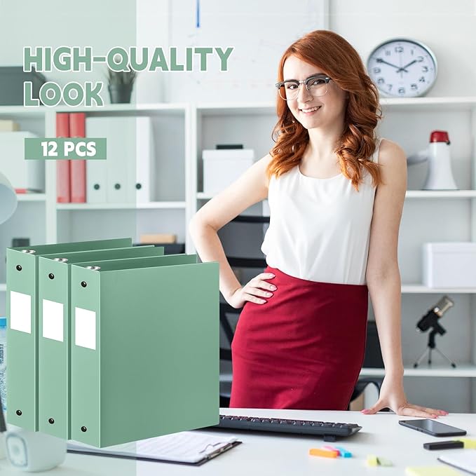 Henoyso 12 Pcs 3 Ring Binder 2 Inch Round Fits Letter Size 8.5'' x 11'' Paper Plastic Flexible Binder Bulk Holds 490 Sheets with 1 Pockets Versatile Organizer for Home Office School (Sage Green)