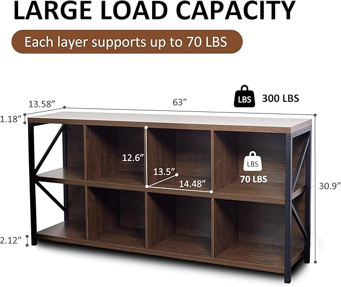 VAKATRELL 8 Cube Storage Organizer Bookshelf, Industrial Horizontal Bookcase, Accent Cubby Shelf, Media Console Table for Living Room, Home Office, 13.6" D x 63" W x 30.9" H, Brown Walnut