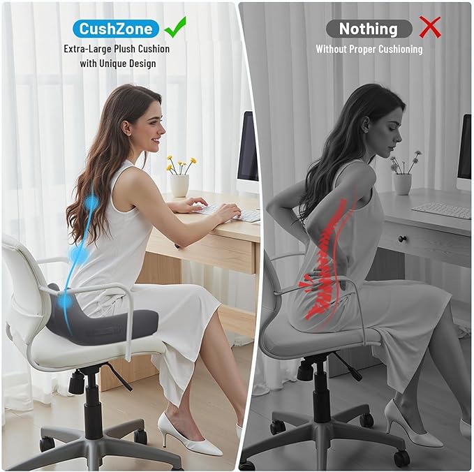 CushZone Seat Cushion, Memory Foam Office Chair Cushions, Ergonomic Curved Design for Sciatica, Tailbone, Coccyx, Seat Support for Car, Desk Chair, Wheelchair, Enhances Long Sitting Comfort (Grey)