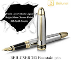 BEILUNER 315 Silver Chrome Fountain Pen,Stunning Luxury Pens with 24K Gold Accents, Gorgeous 24K Gilded Nib(Fine), Ink Converter,Fancy Pen Gift for Men&Women-Elegant, Office, Writing, Nice Design