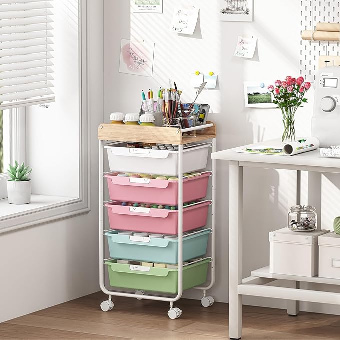 Rolling Storage Utility Cart With 5 Drawers,Craft Cart with Wheels,Makeup Organizer,Art Supply And Storage Wooden Tabletop,Rainbow