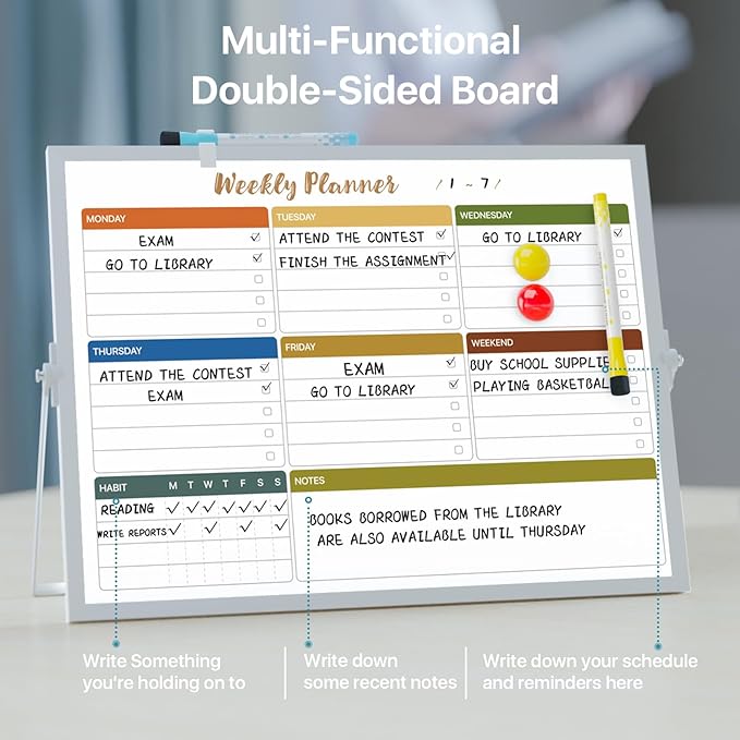 Marsrock Dry Erase White Board with Stand,Double-Sided Weekly Whiteboard 16"x12", 10 Markers, 6 Magnets, 1 Eraser, Portable Desktop Whiteboard for Planning,Weekly Schedule Board for School for Home