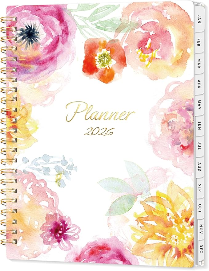 SUNEE 2026 Planner, Weekly and Monthly Calendar Planner, January 2026-December 2026, Daily Agenda with Tabs, Note Pages, Spiral Binding, 6.4"x8.3", Watercolor Flowers