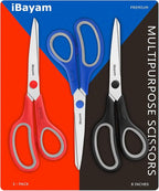 Scissors, iBayam 8" All Purpose Scissors Bulk 3-Pack, Ultra Sharp 2.5mm Thick Blade Shears Comfort-Grip for Office Desk Accessories Sewing Fabric Home Craft School Supplies, Right/Left Handed