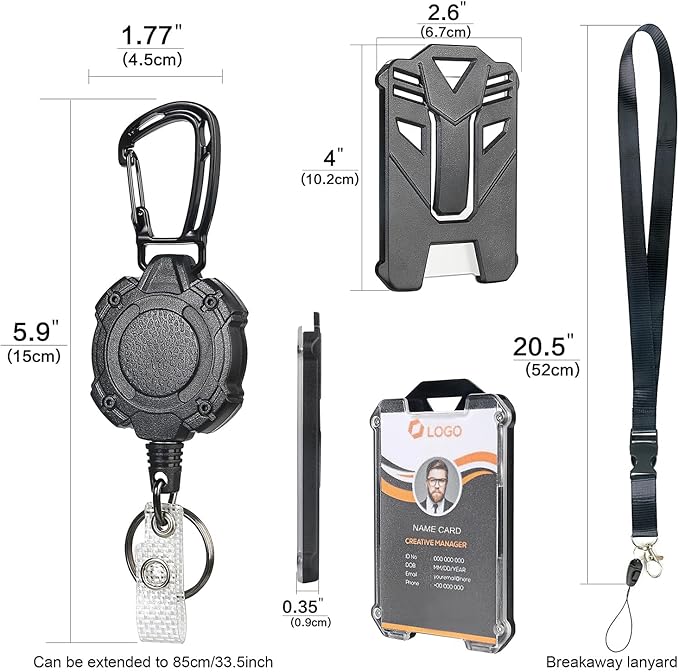 AIDSOTOU Badge Holder Retractable Clip Heavy Duty Carabiner Badge Reel Keychain with Breakaway lanyards for id Badges Cool Tactical ID Cards Holder