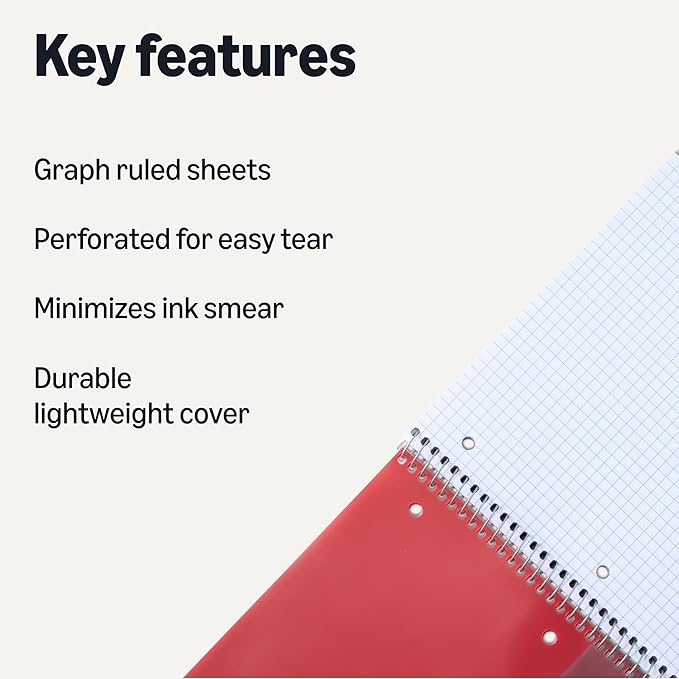 Amazon Basics 4x4 Graph Ruled Spiral Notebook, Poly Cover, 100 Sheets, 11" x 9", 3 pack