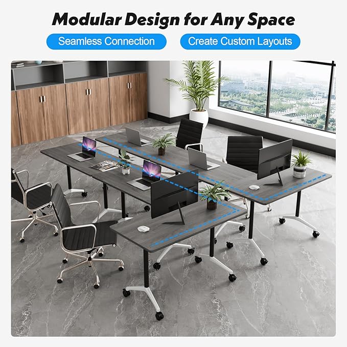 Goakwwuz Conference Room Table, Folding Conference Tables,Thicken Grey Tabletop,Flip Top Wooden Seminar Meeting Room Table for Conference Room Offices (10, Grey, 55.1”)