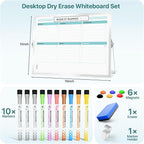 Marsrock Dry Erase White Board with Stand,Double-Sided Weekly Whiteboard 16"x12",10 Markers,6 Magnets,1 Eraser,Portable Desktop Whiteboard for Planning,Weekly Schedule Board for School for Office