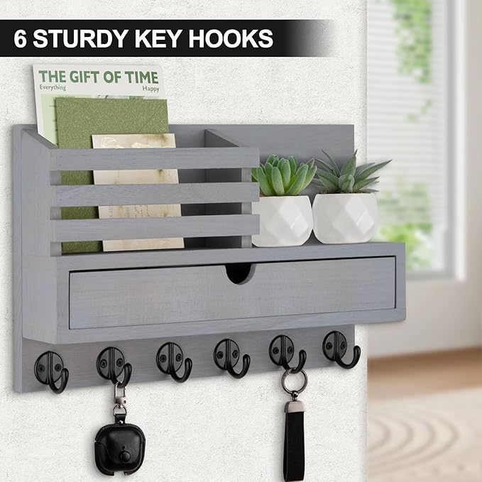 Lucundm Key Holder Wall Mount, Mail Holder with Storage Drawer and 6 Key Hooks for Coat, Dog Leash, Home Decor Rack, House Accessories, Entry Way Organizer