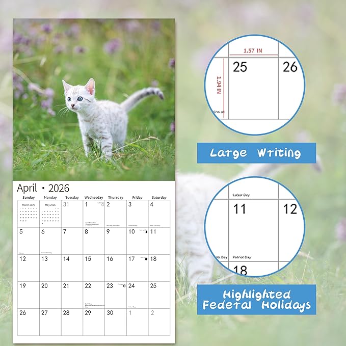 2026 Wall Calendar,Calendar 2026, November 2025 - December 2026, Wall Calendar Kittens, 12" x 24" Opened,Full Page Months Thick & Sturdy Paper for Gift Perfect Calendar Organizing & Planning