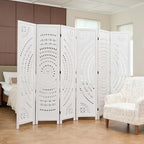 66.9Inch Folding Room Divider, 6 Panels Wood Carved Privacy Screens, Free Assembled Freestanding Partition for Home Office Restaurant Bedroom (White-Washed)