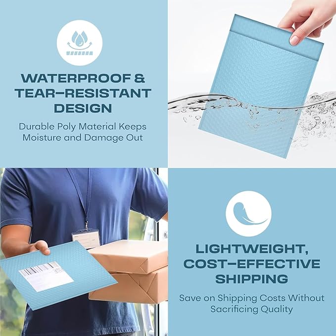 Light Blue 10x13 Inch Poly Bubble Mailers |Self Seal Padded Envelopes for Thick books | Cushioned Bubble Mailer | Usable Size 9.5x13 Inch | Waterproof Lightweight Mailing Shipping Bags | 100 Pack Bulk