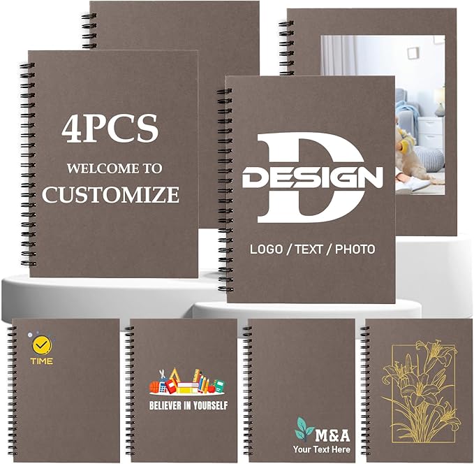 Custom Spiral Notebook - Upload Your Own Photo/Logo/Text, Set of 4 Personalized Journals, A5 Kraft Soft Cover, 120 Pages, 8.4 x 5.8 Inch, Customizable Notebooks for Gifts, Office or Business,Grey