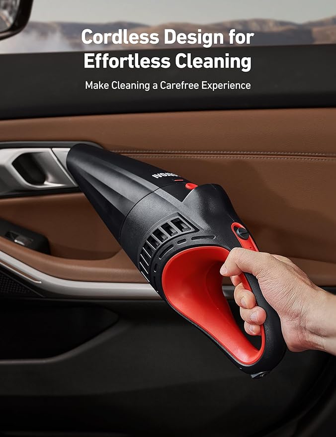 AstroAI Handheld Car Vacuum Cordless with Accessories, Portable Vacuum Cleaner with 12V DC Power, LED Light, Brush, Extended Suction Pipe, Hose, Mini Handheld for Car, Home, Office, and Pet Hair, Red