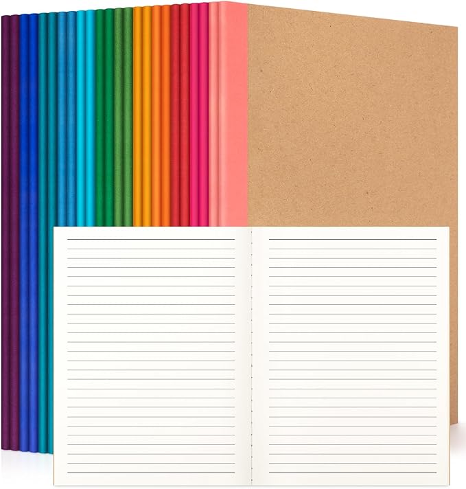 24 Pack Lined Notebook Journals Bulk, 7-1/2" x 9-3/4", Wide Ruled Paper, 30 Sheets/60 Pages, Kraft Cover with Rainbow Spines, 12 Colors Lined Composition Notebook Journal for Work Study Note Taking