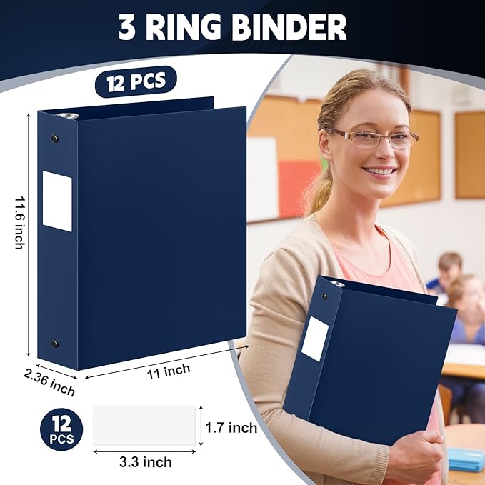 Henoyso 12 Pcs 3 Ring Binder 2 Inch Round Fits Letter Size 8.5'' x 11'' Paper Plastic Flexible Binder Bulk Holds 490 Sheets with 1 Pockets Versatile Organizer for Home Office School (Navy Blue)