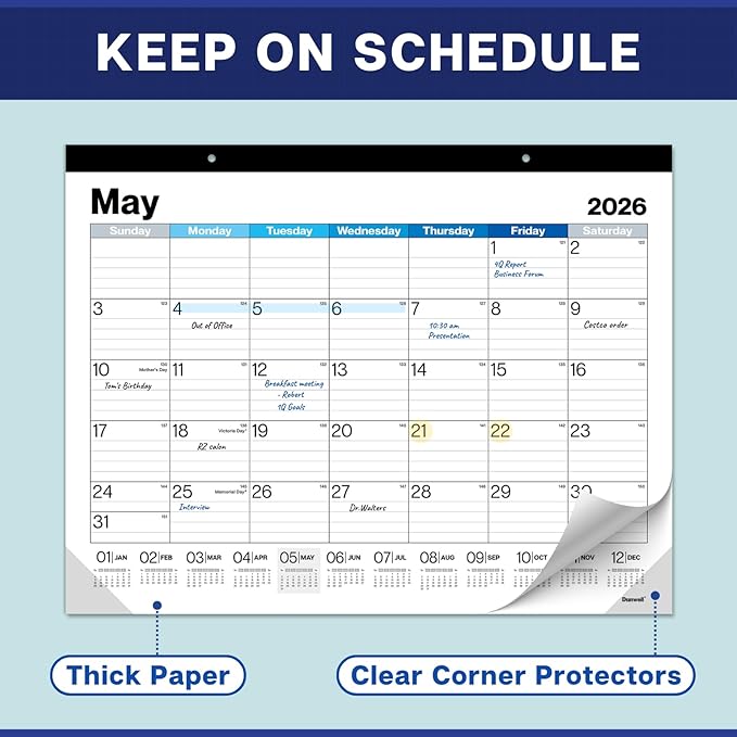Dunwell 2026 Desk Calendar 22x17 (Blue), 22 x 17 Large Monthly Desk Blotter or Hanging Wall Calendar, Jan–Dec 2026, Lined Daily Blocks, Easy to Read