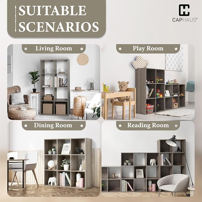 CAPHAUS Sturdy Room 13-Inch Cube Storage Organizer Shelf, with Extra Thick Exterior Edge, Open Storage Shelf Divider, Bookcase, 6-Cube / 8-Cube / 9-Cube, Colors Available in Rustic Grey Oak and White