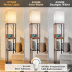 RUNTOP Floor Lamp with Shelves, Shelf Floor Lamp with Wireless Charger & 2 Charging USB Ports & Drawer, AC Outlet, 3 Color Temperature Tall Standing Lamp with Bulb for Living Room, Bedroom, Office