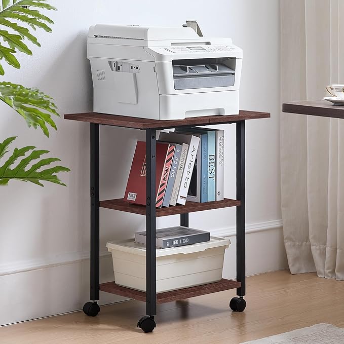 Lerliuo 3-Tier Printer Stand, Industrial Mobile Printer Table with Storage Shelf and Steel Frame, Rolling Printer Cart Holder with Lockable Wheels for Home, Office (Walnut)