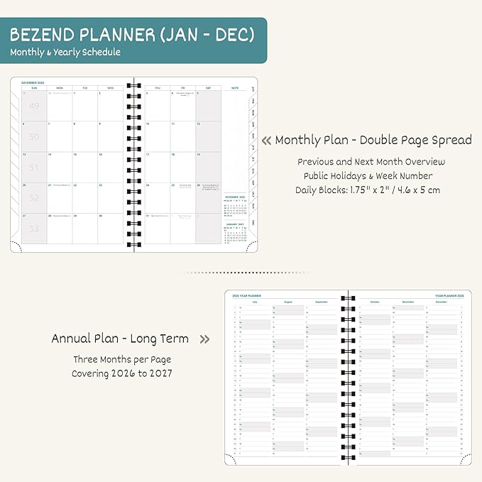 BEZEND 2026 Planner Weekly and Monthly (8.5" x 11" Spiral) Daily Calendar with Hourly Timeslots & Tab (Jan-Dec) Note & Expenses, Pen Holder, Inner Pocket, Vegan Leather Softcover - Red