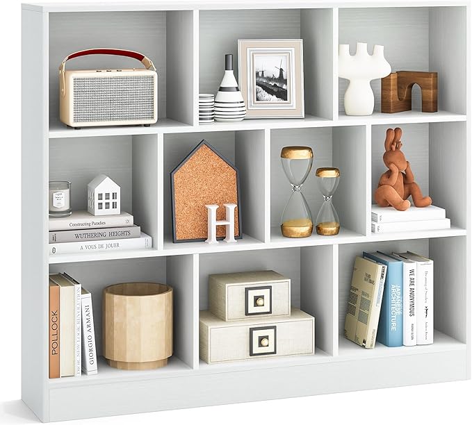 Tangkula 10-Cube Bookshelf, 47.5”L Floor Bookcase with 2 Anti-Tipping Kits, Freestanding Storage Organizer, 4-Tier Display Shelf for Home, Office & Dorms, Natural/White (White, 10-Cube)
