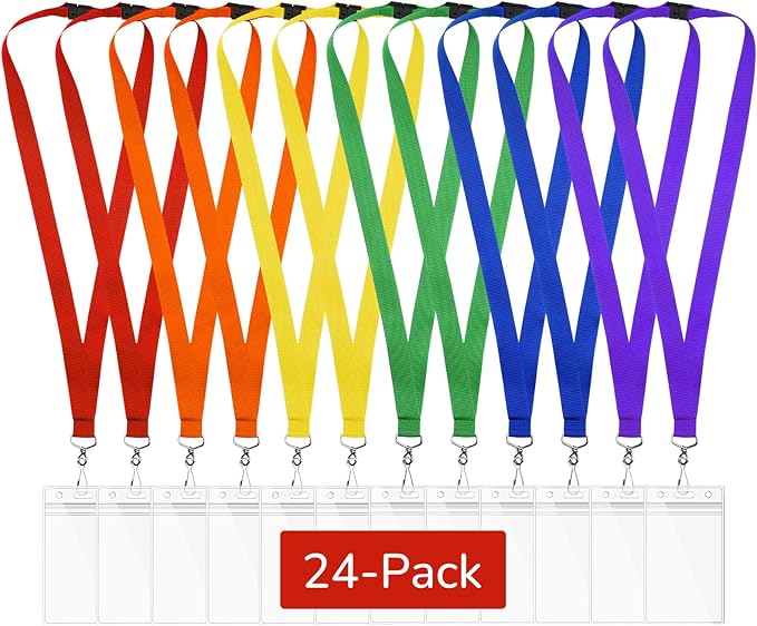 24-Pack Rainbow Breakaway Lanyards with Waterproof Badge Holders, Polyester Neck Straps for ID Cards, Events, Office, and Schools